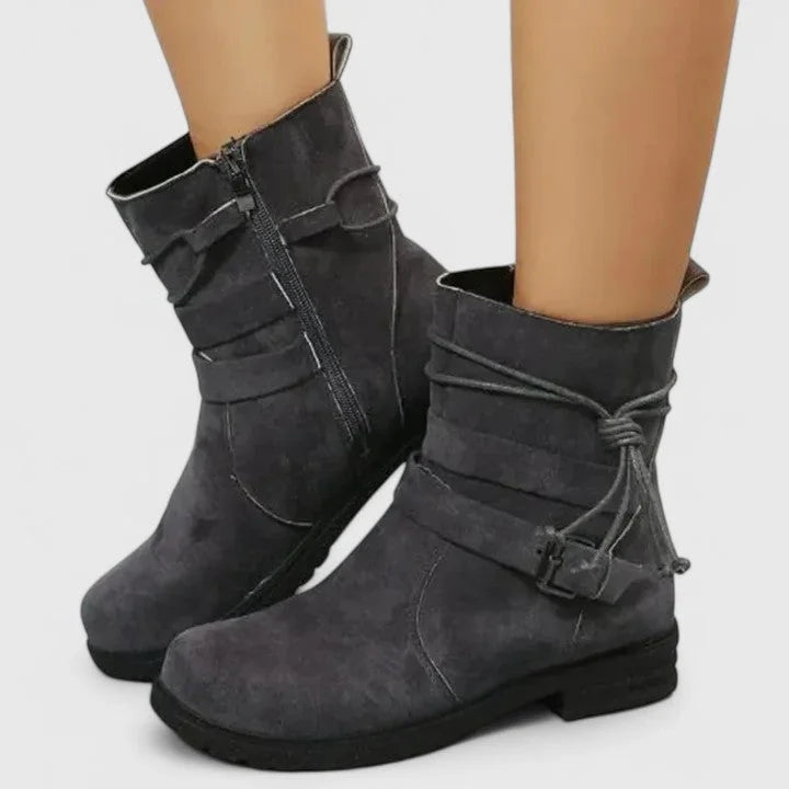 Women's suede side zip ankle boots with buckle strap