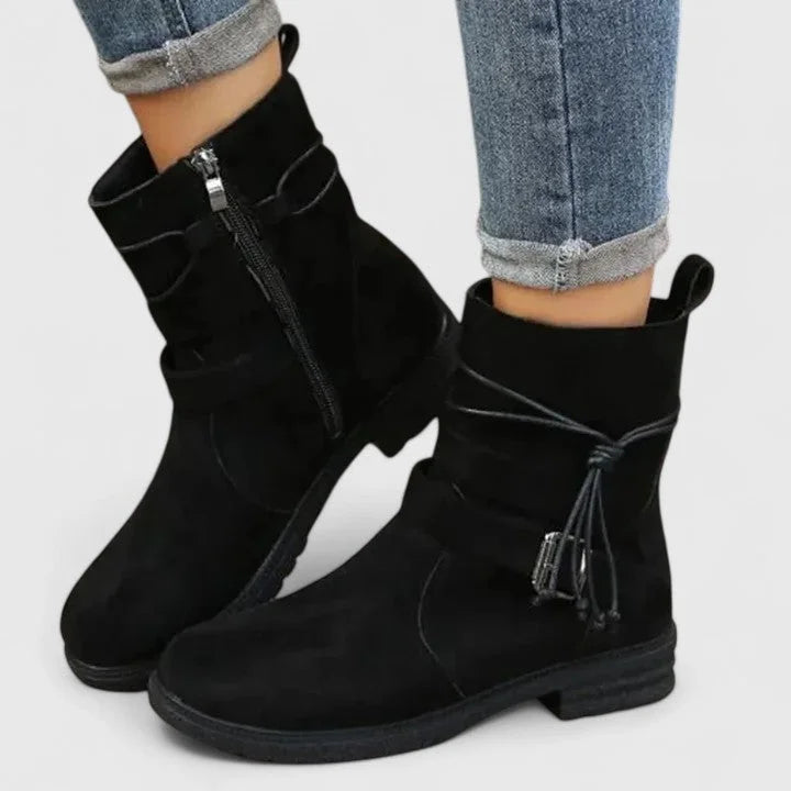Women's suede side zip ankle boots with buckle strap