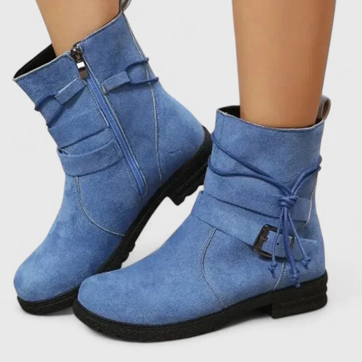 Women's suede side zip ankle boots with buckle strap