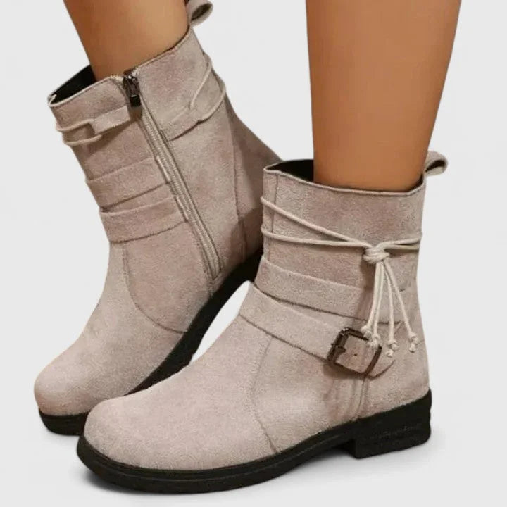 Women's suede side zip ankle boots with buckle strap