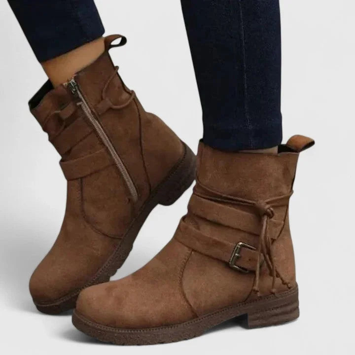 Women's suede side zip ankle boots with buckle strap