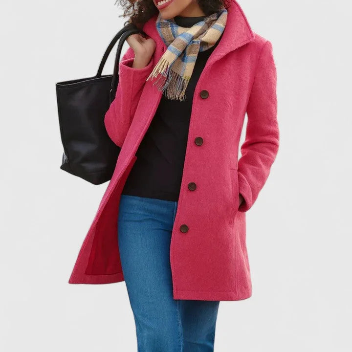 Women's button-front notch lapel wool coat with side pockets