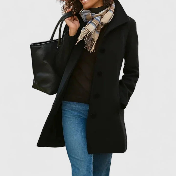 Women's button-front notch lapel wool coat with side pockets