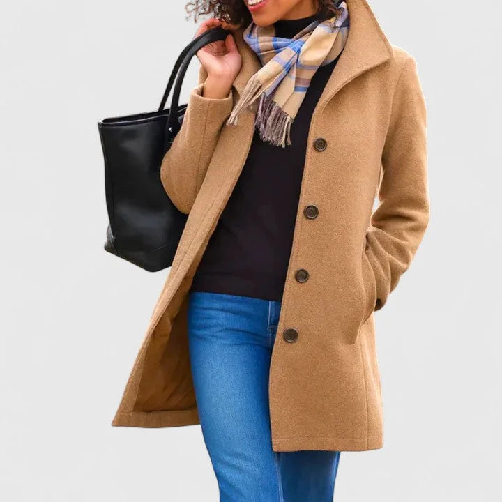 Women's button-front notch lapel wool coat with side pockets