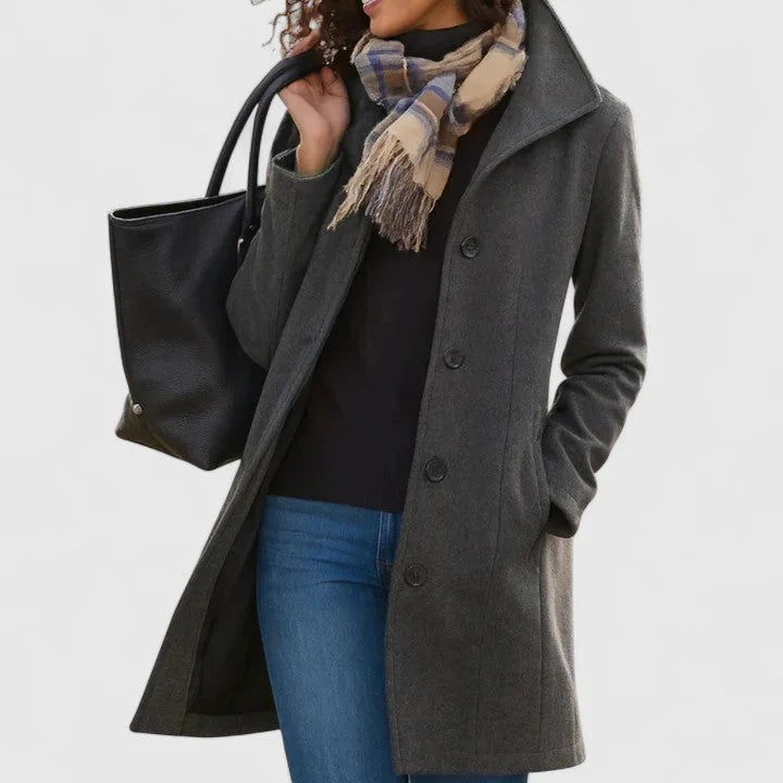 Women's button-front notch lapel wool coat with side pockets