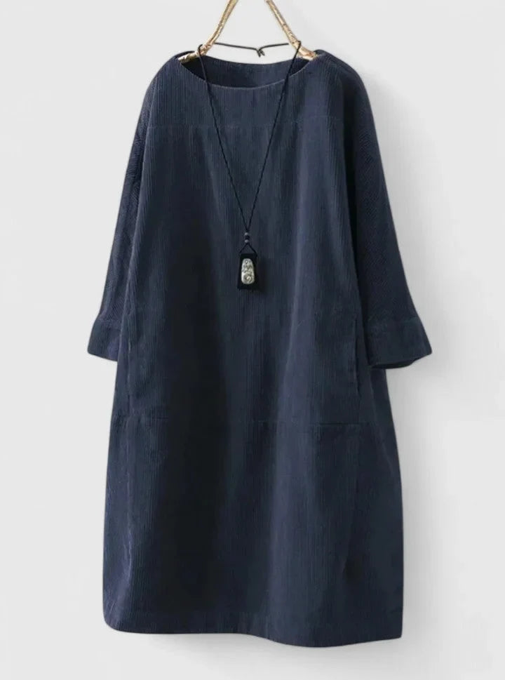 Women's corduroy crew neck midi dress with front patch pockets