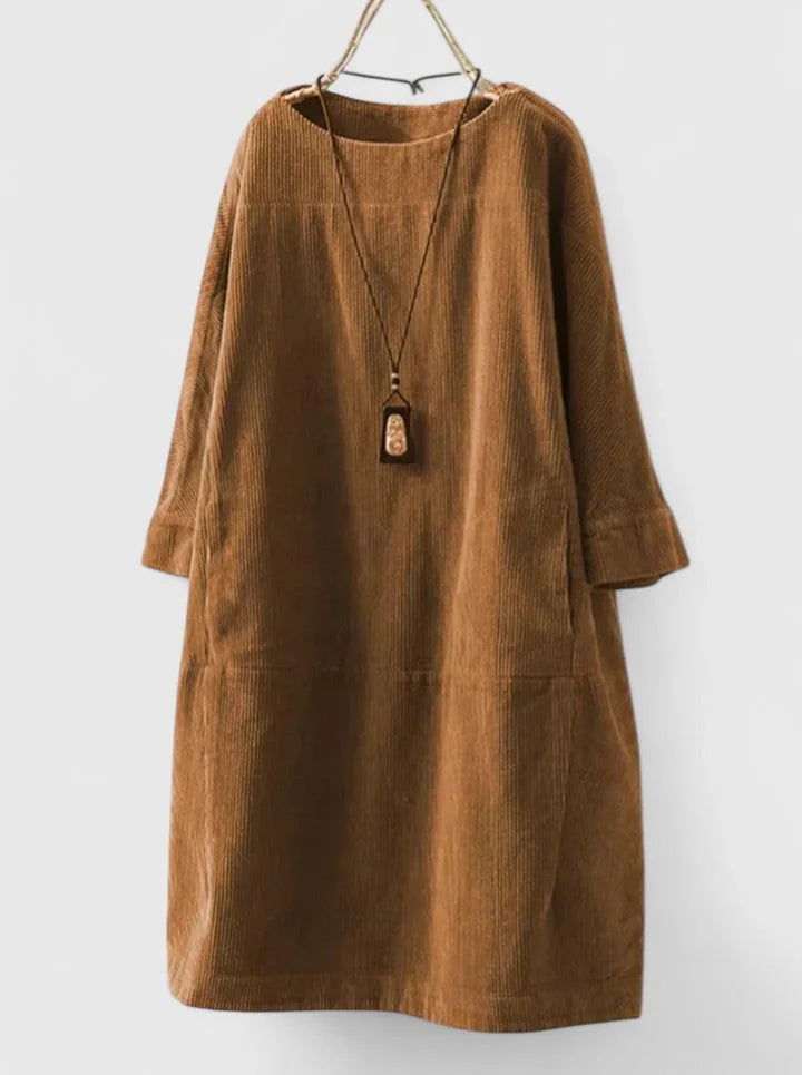 Women's corduroy crew neck midi dress with front patch pockets