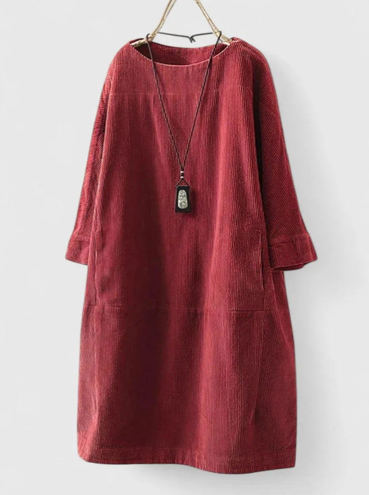 Women's corduroy crew neck midi dress with front patch pockets