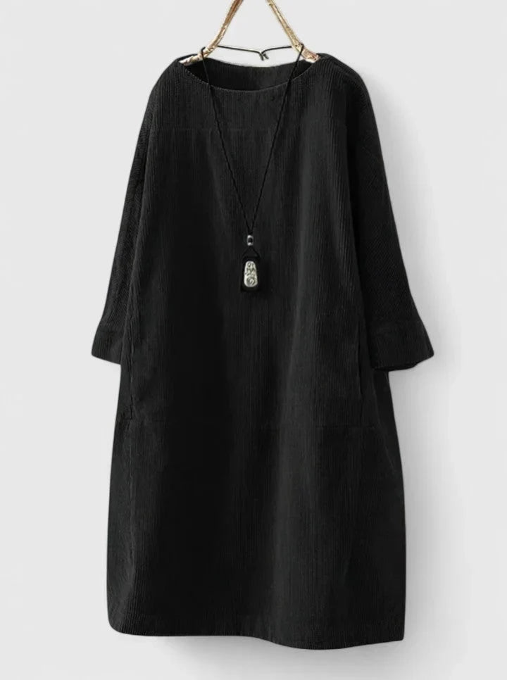 Women's corduroy crew neck midi dress with front patch pockets