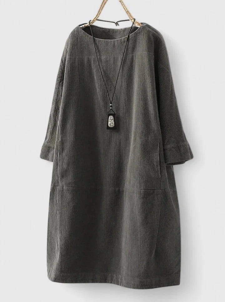 Women's corduroy crew neck midi dress with front patch pockets