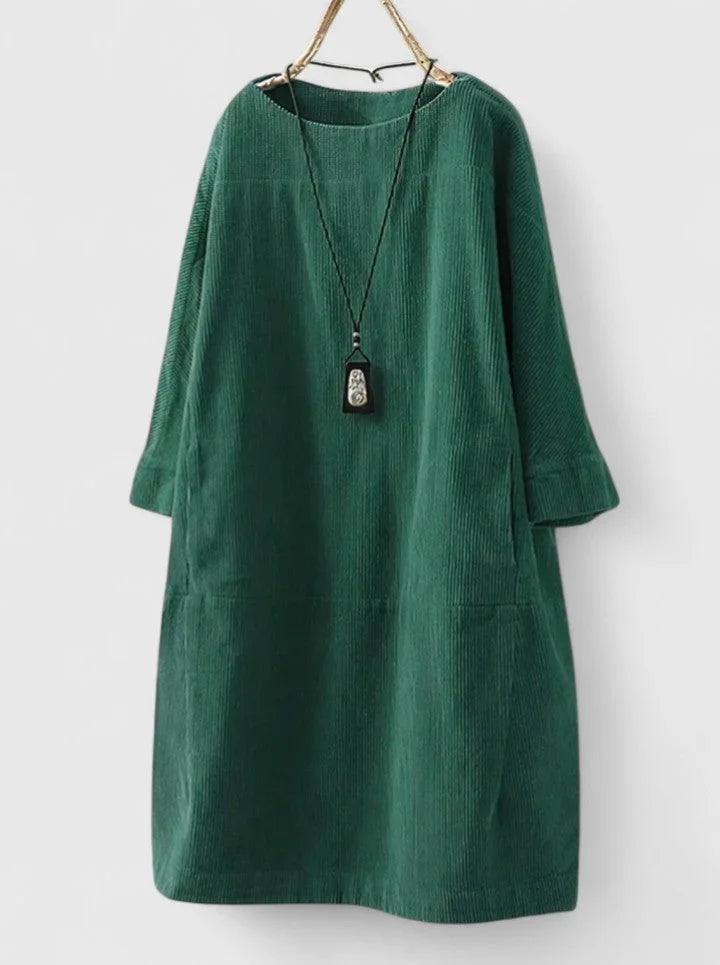 Women's corduroy crew neck midi dress with front patch pockets