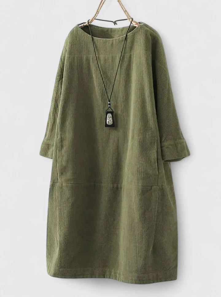 Women's corduroy crew neck midi dress with front patch pockets