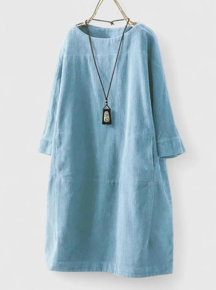 Women's corduroy crew neck midi dress with front patch pockets