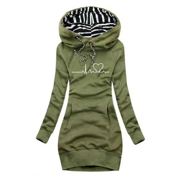 Women's fleece hooded mini dress with heartbeat graphic print