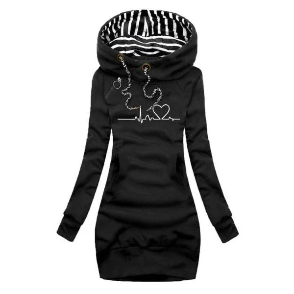 Women's fleece hooded mini dress with heartbeat graphic print