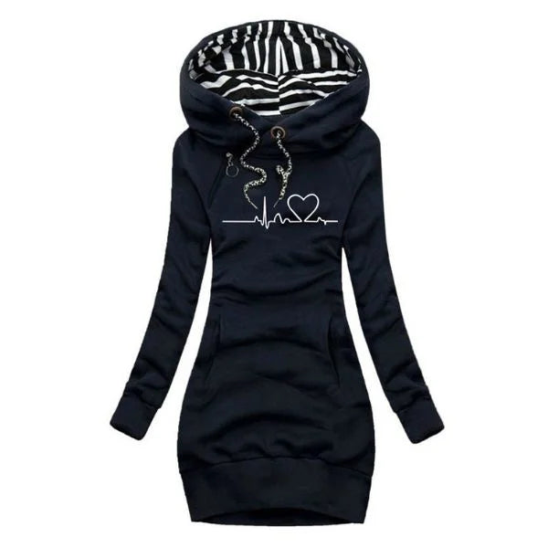 Women's fleece hooded mini dress with heartbeat graphic print