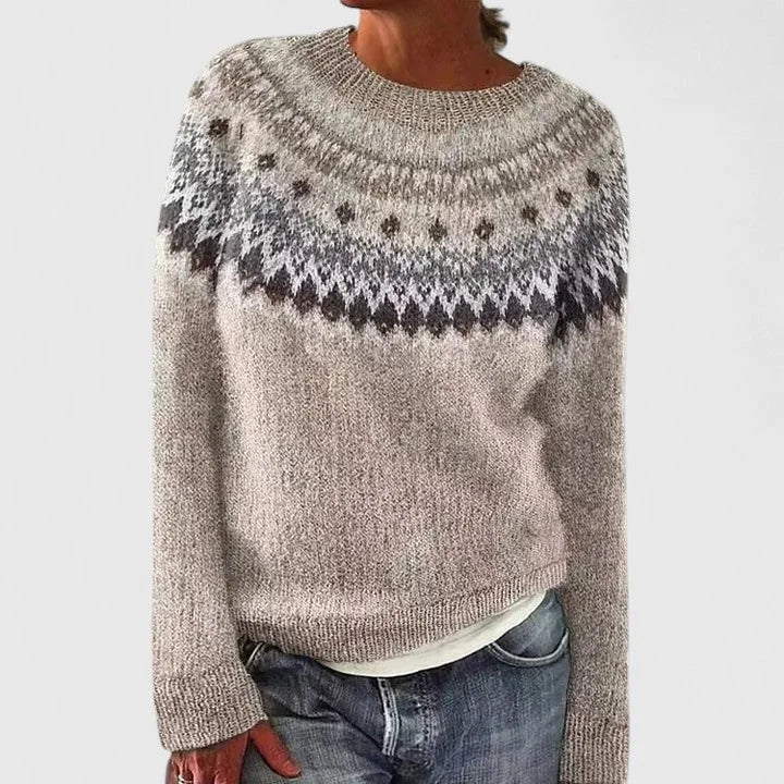 Women's knit crew neck fair isle sweater with pattern yoke