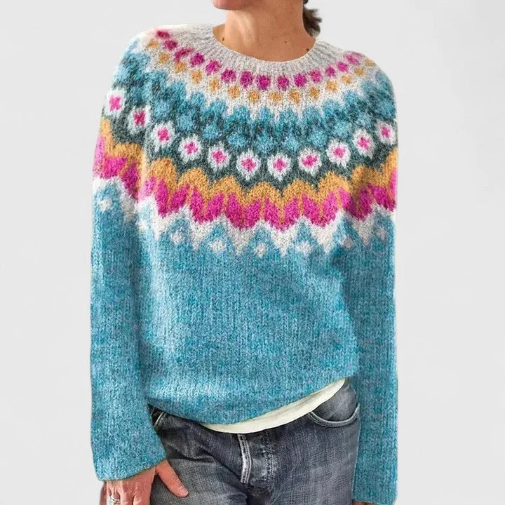 Women's knit crew neck fair isle sweater with pattern yoke