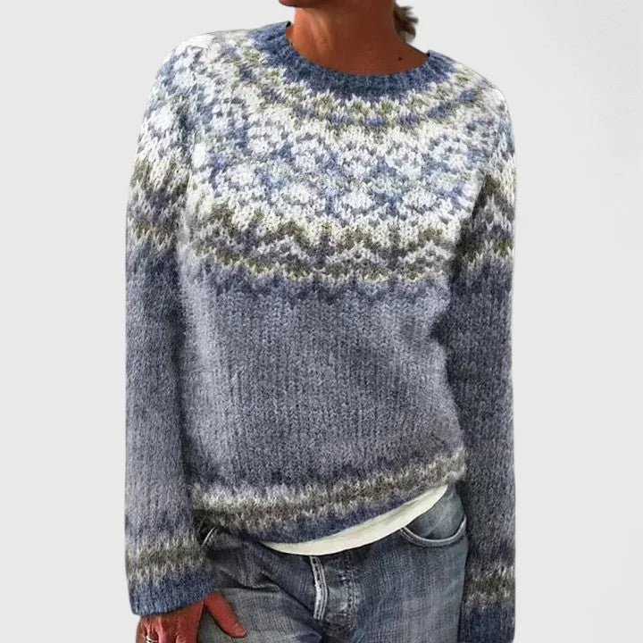 Women's knit crew neck fair isle sweater with pattern yoke