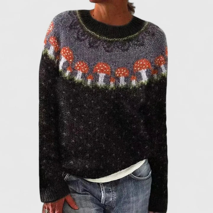 Women's knit crew neck fair isle sweater with pattern yoke