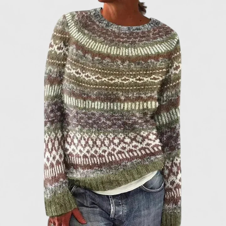 Women's knit crew neck fair isle sweater with pattern yoke