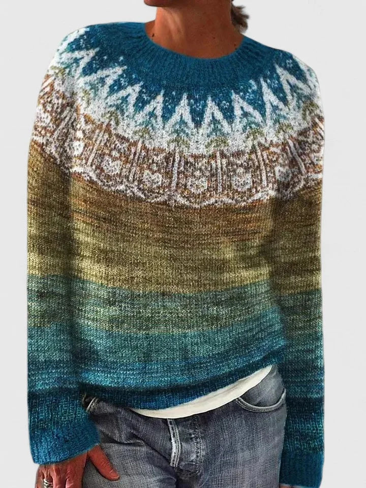 Women's knit crew neck fair isle sweater with pattern yoke