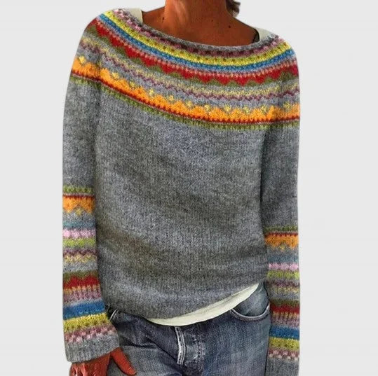 Women's knit crew neck fair isle sweater with pattern yoke