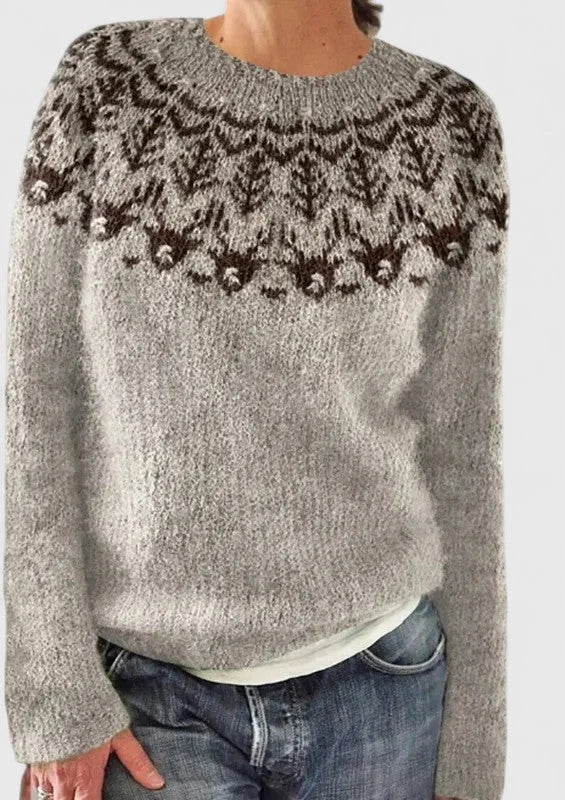 Women's knit crew neck fair isle sweater with pattern yoke