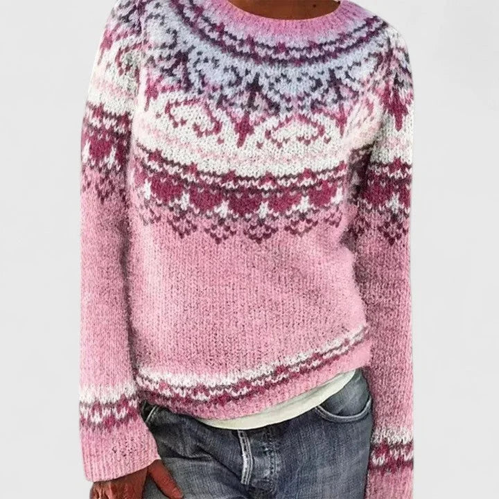 Women's knit crew neck fair isle sweater with pattern yoke