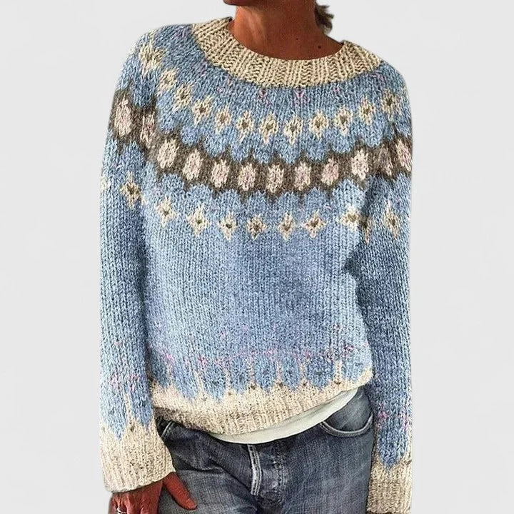 Women's knit crew neck fair isle sweater with pattern yoke