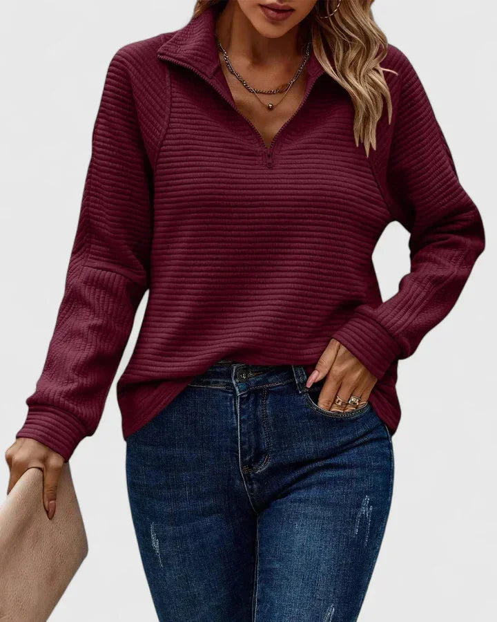 Women's ribbed stand collar half zip sweater with horizontal texture