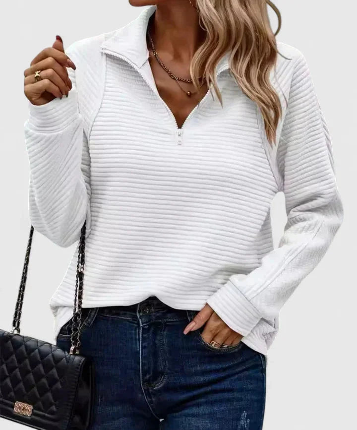 Women's ribbed stand collar half zip sweater with horizontal texture