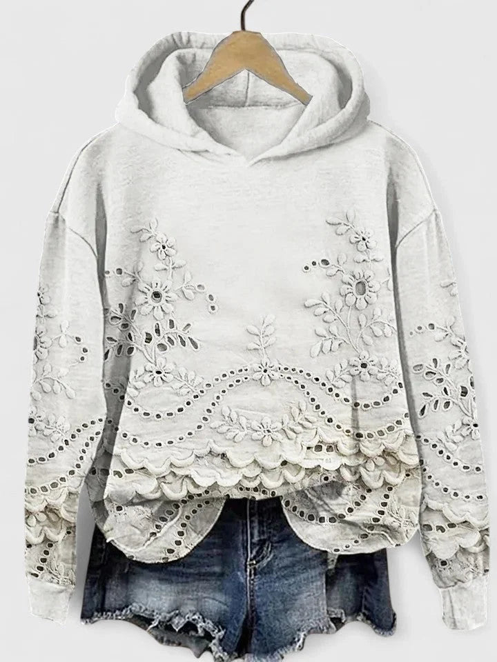 Women's floral cotton hoodie with eyelet embroidery