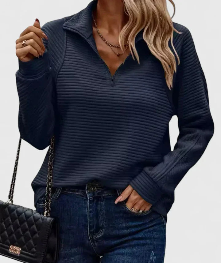 Women's ribbed stand collar half zip sweater with horizontal texture