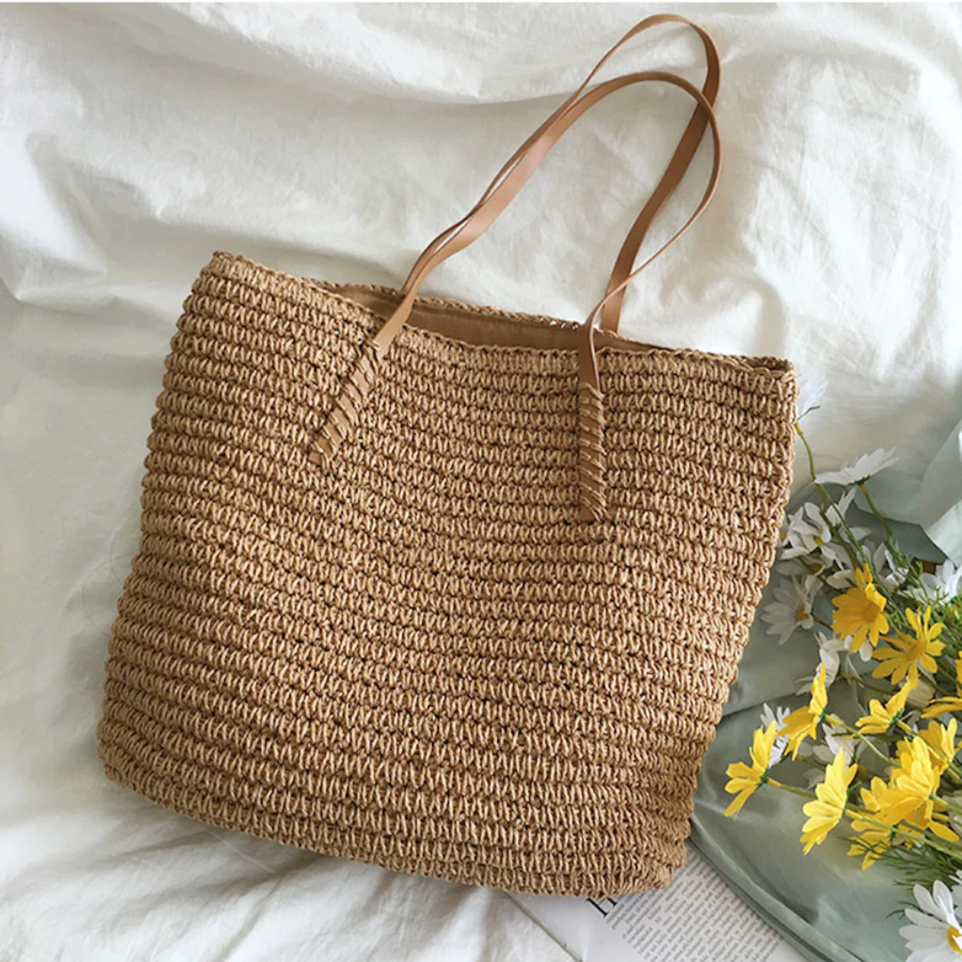 Women's Woven Straw Shoulder Bag with Top Handle