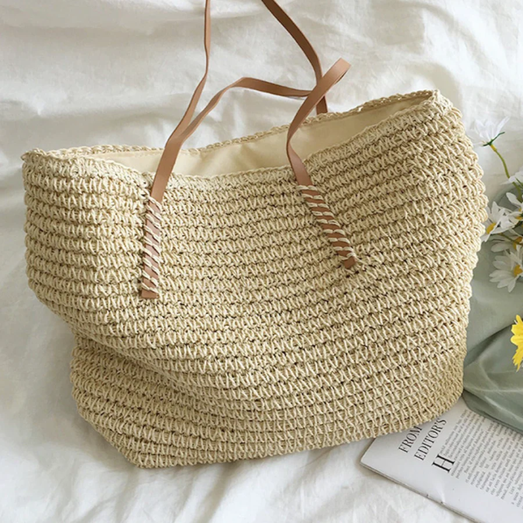 Women's Woven Straw Shoulder Bag with Top Handle
