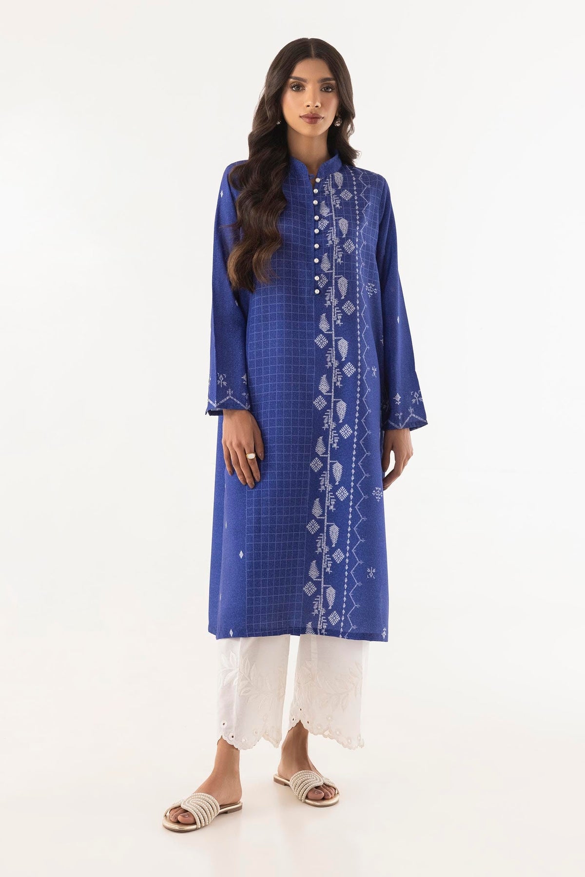 Women's Blue Patterned Long Shirt, Mandarin Collar, Long Sleeves