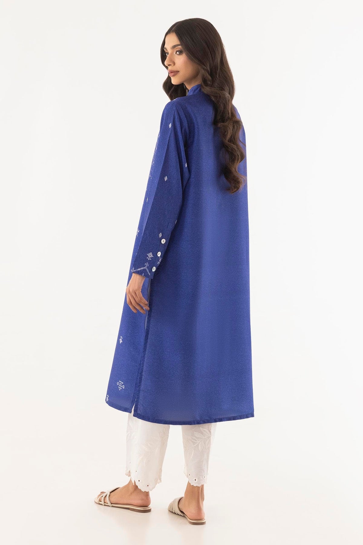 Women's Blue Patterned Long Shirt, Mandarin Collar, Long Sleeves