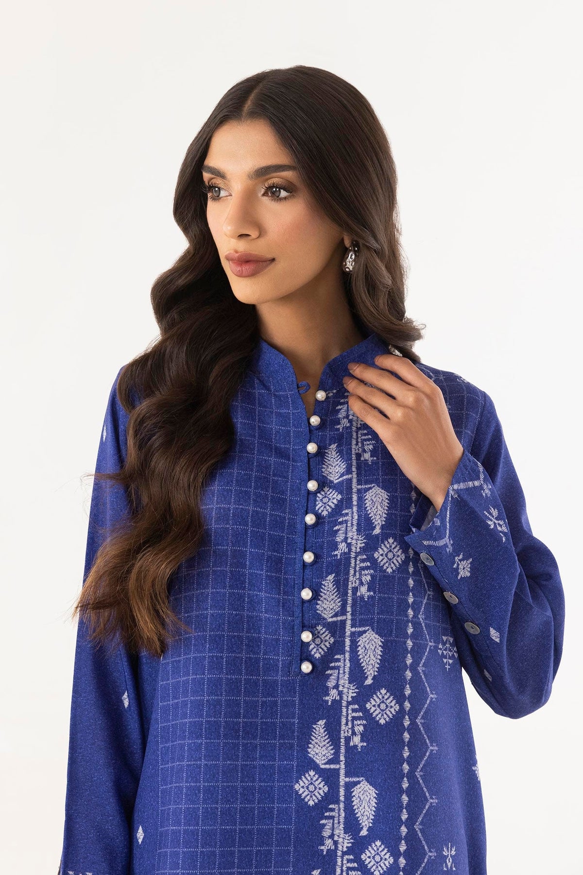 Women's Blue Patterned Long Shirt, Mandarin Collar, Long Sleeves