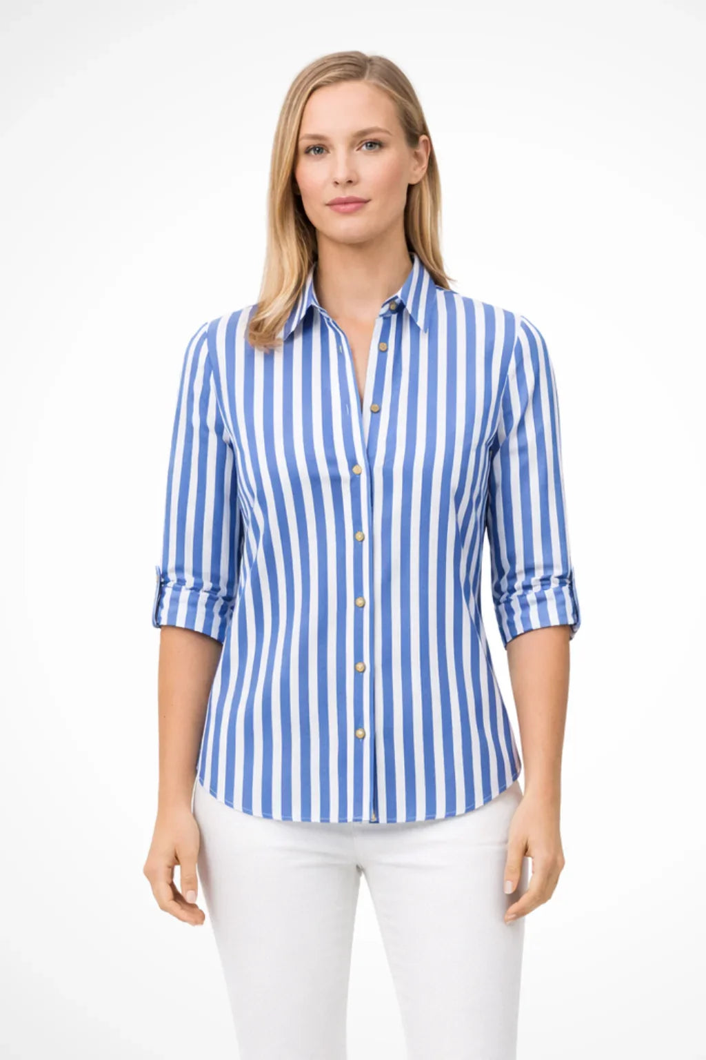 Stacey | Women's Summer Striped Button Up Shirt with Collar and Roll-Up Sleeves