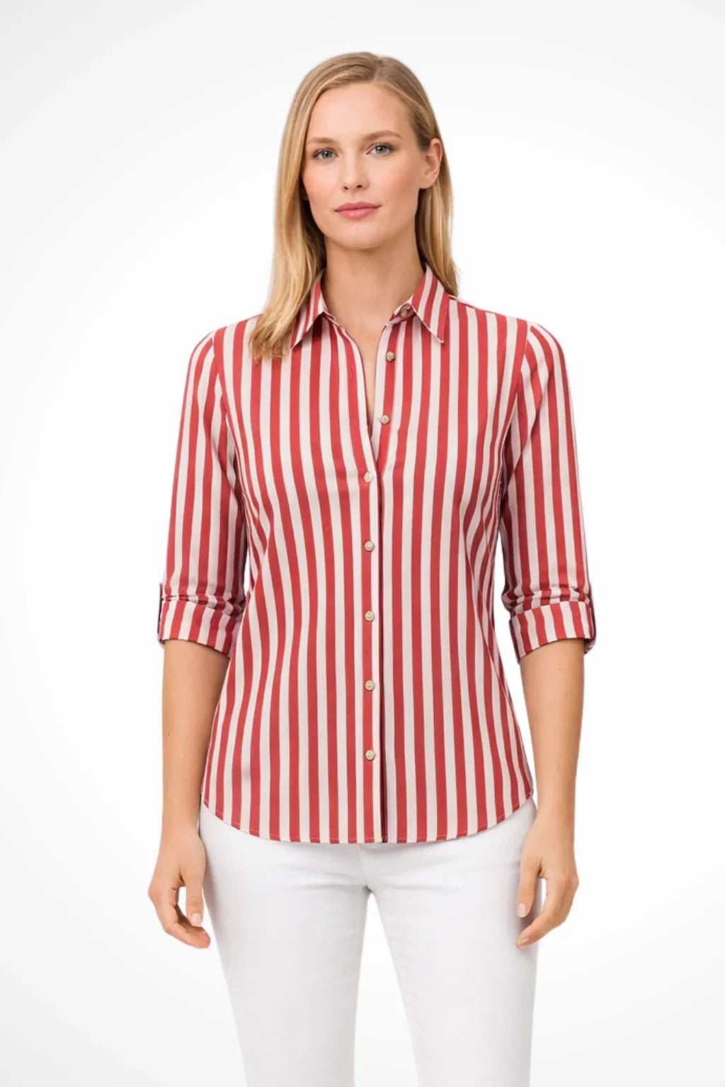Stacey | Women's Summer Striped Button Up Shirt with Collar and Roll-Up Sleeves