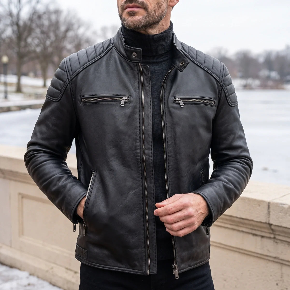 Stanislas Distressed Leather Stand Collar Moto Jacket