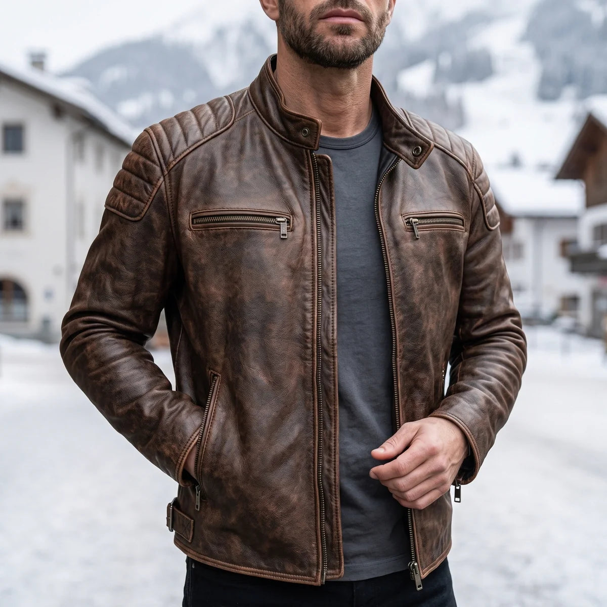 Stanislas Distressed Leather Stand Collar Moto Jacket