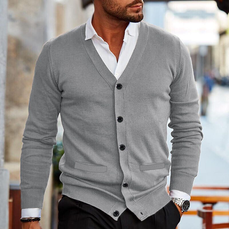 Kevin | Mens V-Neck Button Cardigan Sweater | Casual Layer for Office and Weekend | Dark Red, Gray, Black and More S-4XL