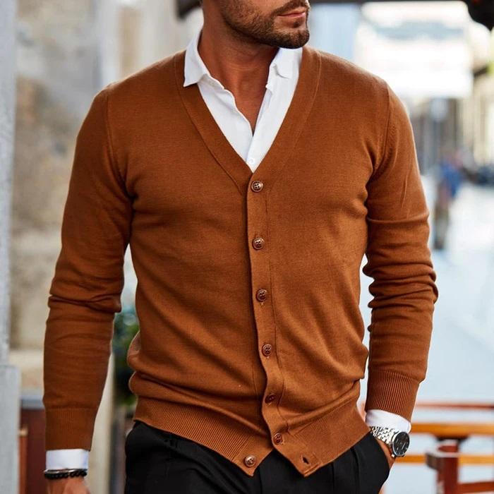 Kevin | Mens V-Neck Button Cardigan Sweater | Casual Layer for Office and Weekend | Dark Red, Gray, Black and More S-4XL