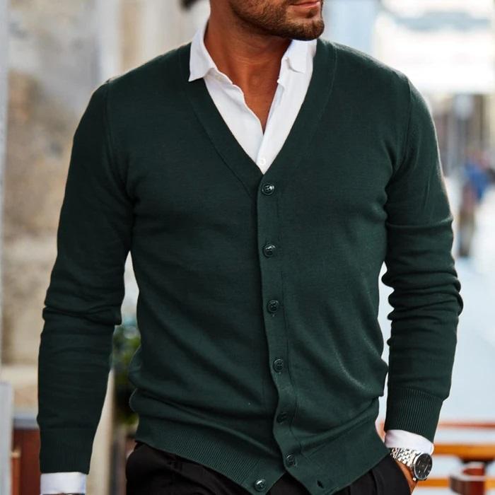 Kevin | Mens V-Neck Button Cardigan Sweater | Casual Layer for Office and Weekend | Dark Red, Gray, Black and More S-4XL