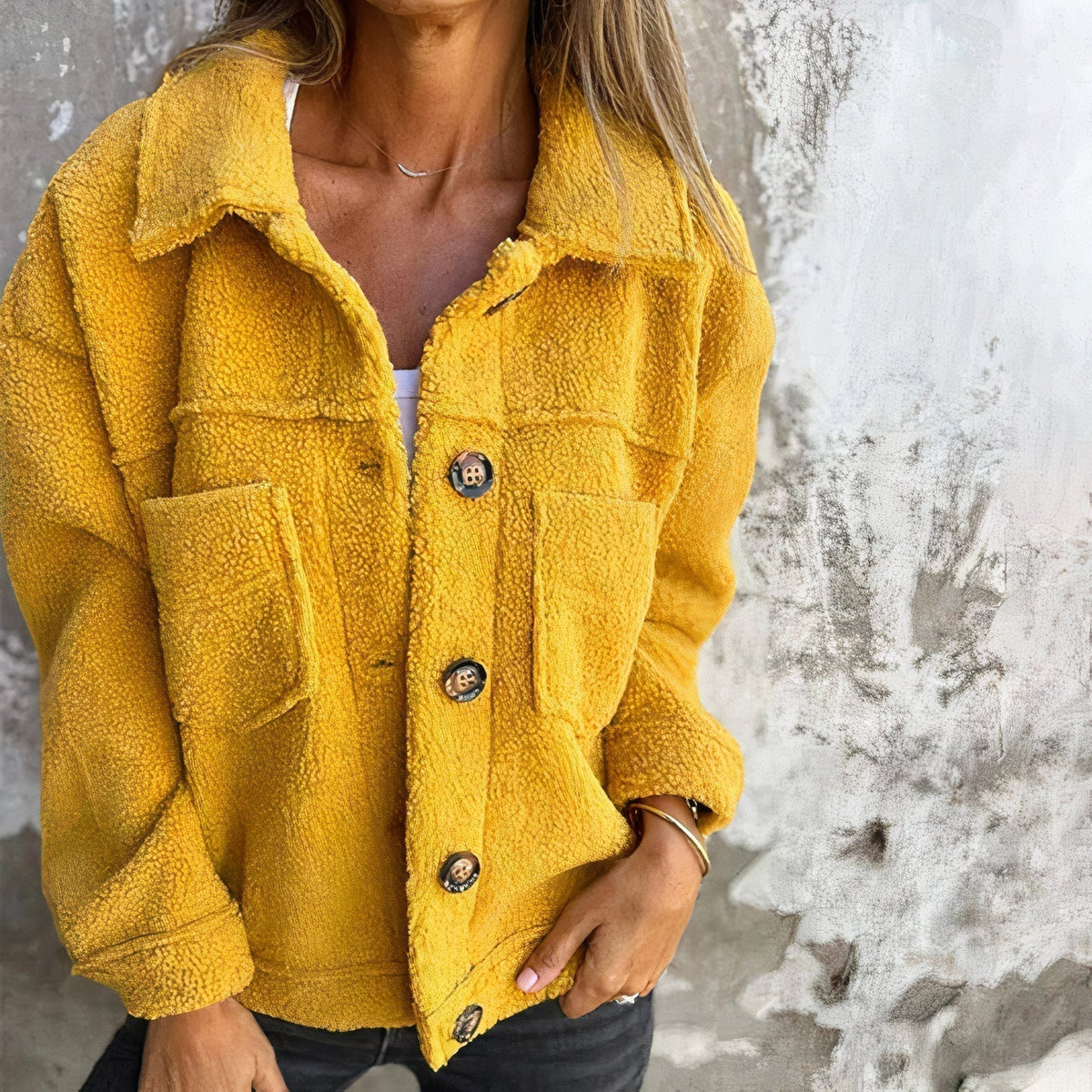 Women's Collared Button Jacket with Front Pockets