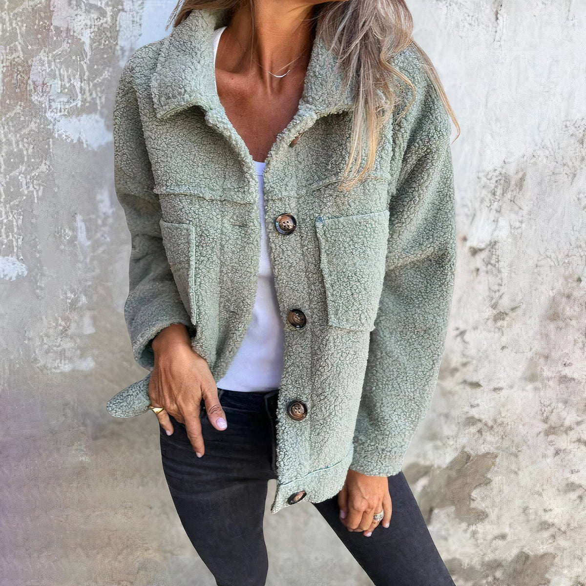 Women's Collared Button Jacket with Front Pockets