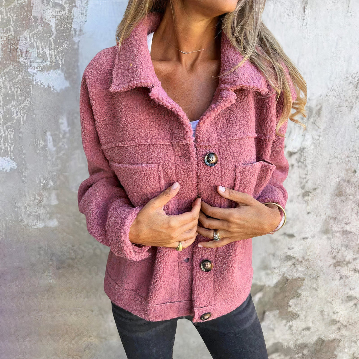 Women's Collared Button Jacket with Front Pockets