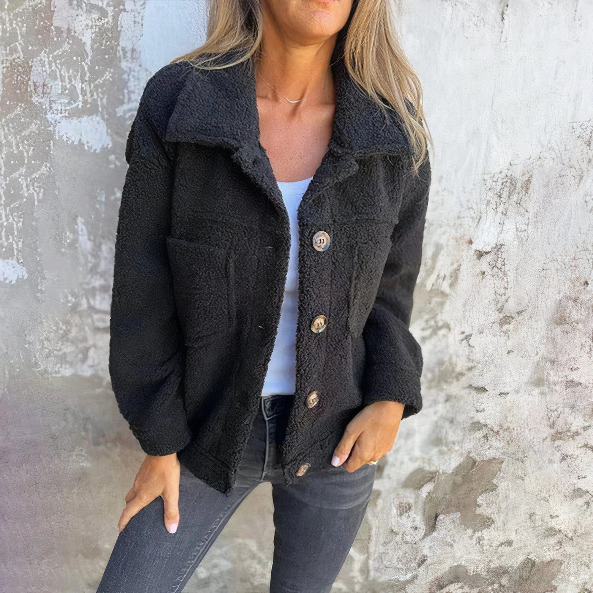 Women's Collared Button Jacket with Front Pockets